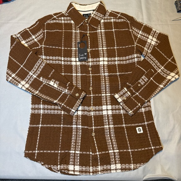 Button Up Casual Grunge NEW Shirt Cotton blend Brown White Plaid Men’s M Waffle - Picture 1 of 9